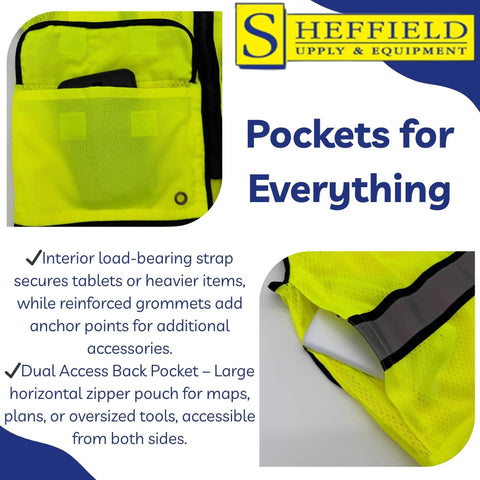 Class II High Visibility Safety Vest Fluorescent Lime Reflective Tape Heavy Duty Construction Workwear Nine Pocket Utility System Day Shift Hustle Ready Surveyor Gear Large, showcasing pocket details and interior strap.