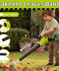 Child using Kids 2 In 1 Gardening Tools Set With Leaf Blower And Toy Lawn Mower Lights And Sounds Belt And Gloves Outdoor Play Tool Kit