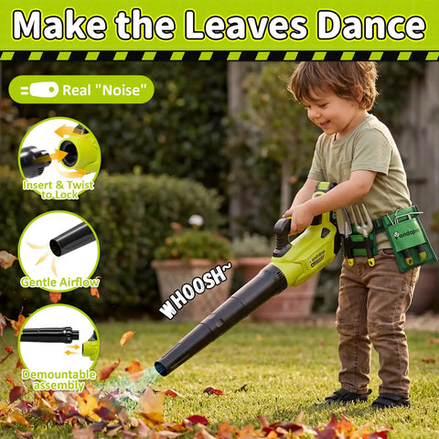 Child using Kids 2 In 1 Gardening Tools Set With Leaf Blower And Toy Lawn Mower Lights And Sounds Belt And Gloves Outdoor Play Tool Kit