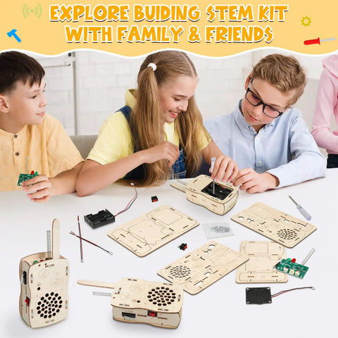 Children assembling Rad Do It Yourself Science Kit Walkie Talkies For Kids Aged 8 To 12 Educational STEM Toy Set with electronics parts.
