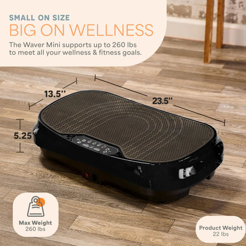 Waver Mini Vibration Plate For Full Body Toning And Lymphatic Drainage With Remote And Bands, dimensions shown on wood floor