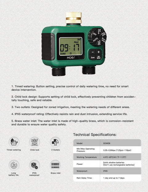 Image of Two Zone Sprinkler Timer With Brass Inlet Dual Independent Outlets Programmable Irrigation Controller showcasing digital display and control features