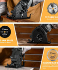 Compact Electric Mini Circular Saw With Adjustable Depth Dial And Three Heavy Duty Blades For Rip Through Wood Plastic And Soft Metal With No Sweat Precision showing TCT, HSS, and diamond blades.
