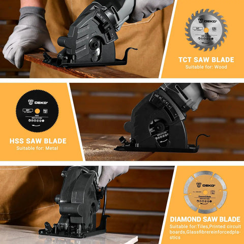 Compact Electric Mini Circular Saw With Adjustable Depth Dial And Three Heavy Duty Blades For Rip Through Wood Plastic And Soft Metal With No Sweat Precision showing TCT, HSS, and diamond blades.