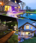 Outdoor settings lit by 10W RGBW Landscape Lights for Outdoors Low Voltage 12-24V Well Lights In Ground Multicolor Garden Path Tree Lighting IP67 Waterproof Remote Control With 4 Modes That Slaps 3 Brightness Levels 10 Pack.