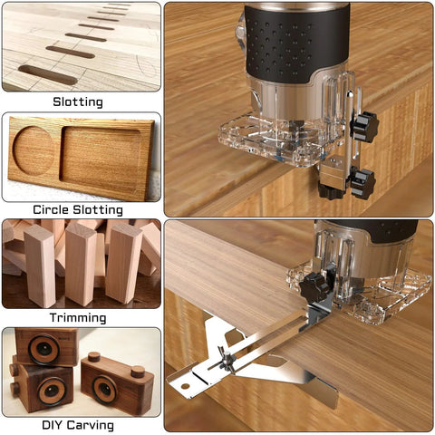 Powerful Compact Wood Router Tool 800W 30000 RPM Workhorse for woodworking shown in use for slotting and trimming on wood surfaces