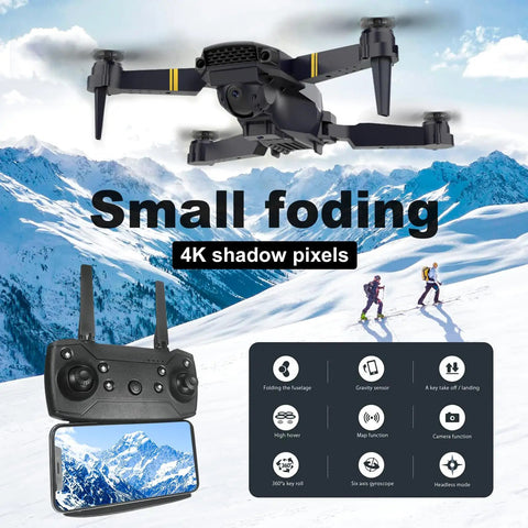 Foldable Drone With 1080P Camera For Adults And Beginners Easy To Fly RC Quadcopter shown with controller and snowy mountain backdrop.