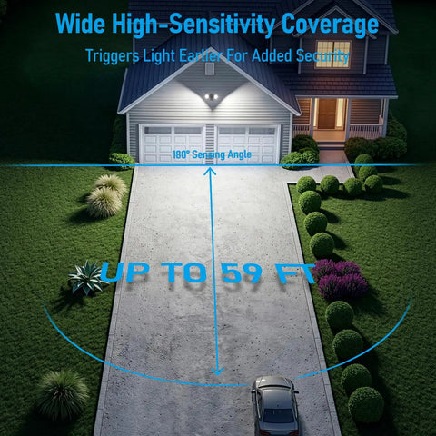 Three Color Temp LED Security Light With Motion Sensor For Outdoor Use illuminating driveway at night, sensing range up to 59 ft.