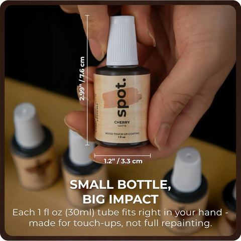 Knockout Match Wood Stain Repair Kit With Brush On Touch Up Bottles For Scratches And Dings Provincial Dark Walnut Ebony And Red Mahogany Tones Indoor Outdoor Timber And Cabinet Restoration Project, 1oz touch up bottle in hand.