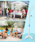 Stand Up Outdoor Mister System With Adjustable 46 Inch Height 5 Brass Nozzles And 26 Foot Hose in use on patio and poolside