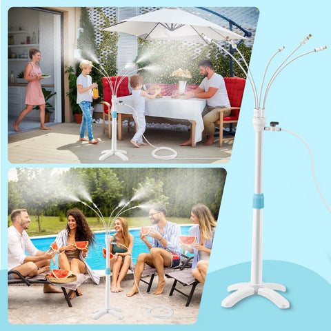 Stand Up Outdoor Mister System With Adjustable 46 Inch Height 5 Brass Nozzles And 26 Foot Hose in use on patio and poolside
