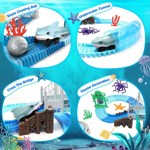 Shark Race Track Set with Bendable Cars for Kids Aged 3 to 9, 183 Piece Ocean Themed STEM Playset featuring tracks and accessories.