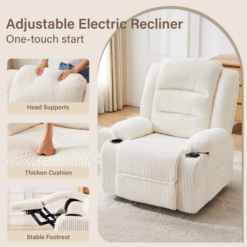 Power Pushback Electric Recliner With Cup Holders For Adults Ultra Comfy Home Theater Seating One Motion Reclining Chair For Living Room Smooth Backrest And Footrest In Stripe White showing head supports, thicken cushion, and stable footrest features