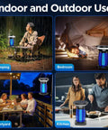 Collage showing Outdoor Waterproof Solar Powered Bug Zapper used in camping, bedroom, courtyard, and kitchen settings.