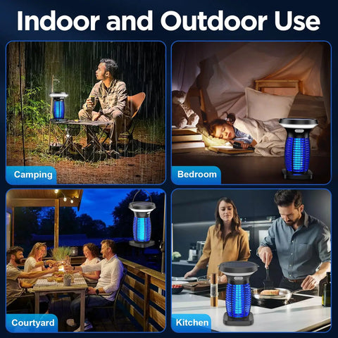 Collage showing Outdoor Waterproof Solar Powered Bug Zapper used in camping, bedroom, courtyard, and kitchen settings.