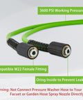 PWACCS 50 ft green pressure washer hose, 1/4 inch ID, 3600 PSI, M22 female fittings.