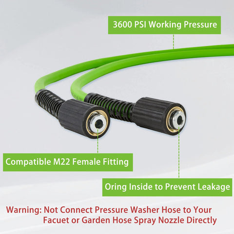 PWACCS 50 ft green pressure washer hose, 1/4 inch ID, 3600 PSI, M22 female fittings.