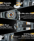 360 Degree Rotating Handheld Drill Winch 1500 Lb Capacity With 40 Ft Synthetic Rope showing anchor hook, clutch, and winch drum window.