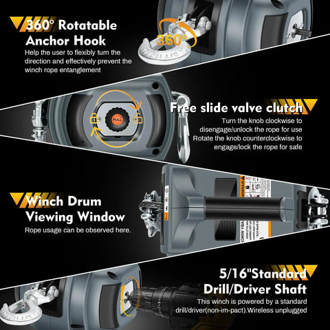 360 Degree Rotating Handheld Drill Winch 1500 Lb Capacity With 40 Ft Synthetic Rope showing anchor hook, clutch, and winch drum window.