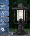 Boss Black Outdoor Post Light With Clear Glass Shade in garden during rainfall, demonstrating waterproof feature