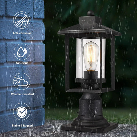 Boss Black Outdoor Post Light With Clear Glass Shade in garden during rainfall, demonstrating waterproof feature