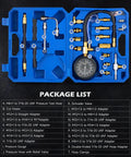Top view of Orion Motor Tech fuel pressure test kit in blue case with 0-140 psi gauge and brass adapters