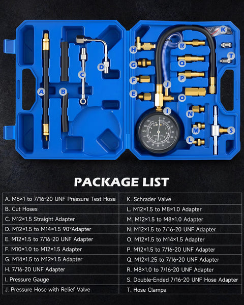 Top view of Orion Motor Tech fuel pressure test kit in blue case with 0-140 psi gauge and brass adapters