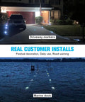 12 Pack Solar Deck Lights Outdoor Pathway LED Dock Lights IP68 Waterproof Auto On Off for Driveway Sidewalk Garden Yard Bright White High Brightness LEDs lighting up driveway and dock at night.