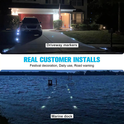 12 Pack Solar Deck Lights Outdoor Pathway LED Dock Lights IP68 Waterproof Auto On Off for Driveway Sidewalk Garden Yard Bright White High Brightness LEDs lighting up driveway and dock at night.