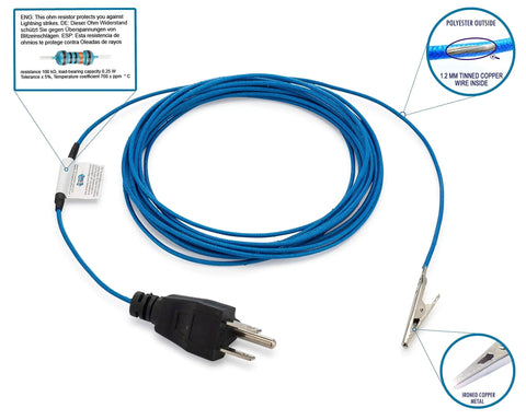 Long 16.4 Feet Grounding Cable With 3 Prong Ground Plug And Alligator Clip For Anti Static Discharge Real Chill Vibes And Body Balance Stress Relief Easy To Use On Electronics Home Office Or On The Go Grounding Wire, showing blue cable with plug and clip.