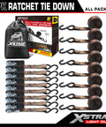 Tough As Nails Camo Ratchet Tie Down Straps Eight Pack One Inch By Ten Feet Three Hundred Pound Working Load Limit Nine Hundred Pound Break Strength with storage bag.