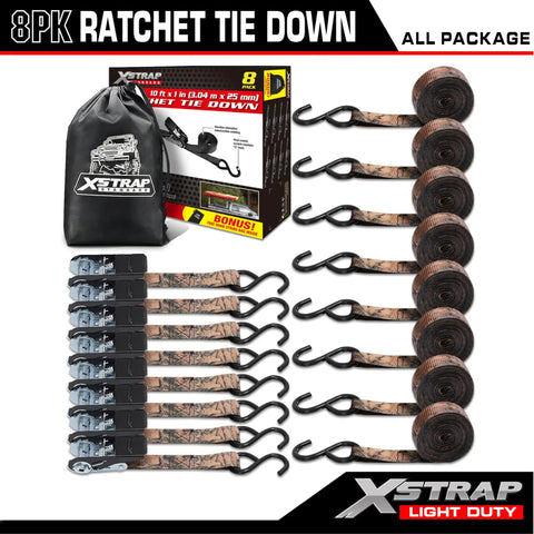 Tough As Nails Camo Ratchet Tie Down Straps Eight Pack One Inch By Ten Feet Three Hundred Pound Working Load Limit Nine Hundred Pound Break Strength with storage bag.