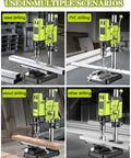 Powerful 880W Bench Drill Press With Adjustable Speed And Integrated Vise used for steel, PVC, wood, and various drilling tasks.