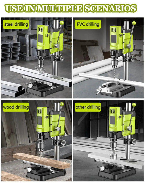 Powerful 880W Bench Drill Press With Adjustable Speed And Integrated Vise used for steel, PVC, wood, and various drilling tasks.