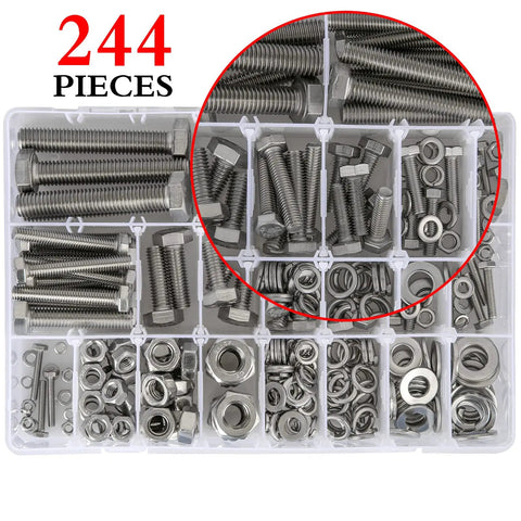Metric Bolt Assortment Kit 244 Pieces Stainless Steel 304 M3 to M10 hex bolts with nuts and washers in organized box
