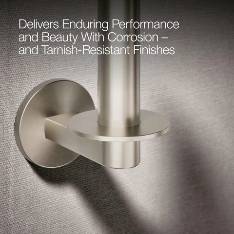 Close-up of Vertical Toilet Paper Holder In Brushed Nickel Finish For Easy Refill And Modern Bathroom Coordination Part Of Components Collection.