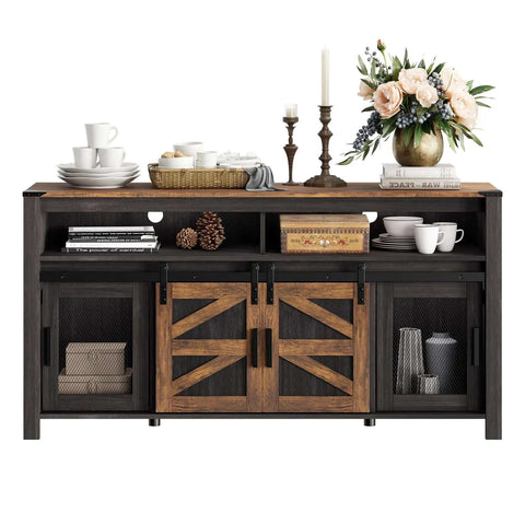 Farmhouse Buffet Cabinet With Sliding Barn Doors And Mesh Doors For A No Fuss Coffee Bar Setup 59 Inch Storage Cabinet With decor
