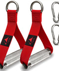 Rock Solid Aluminum Alloy Workout Handles, Hella Durable Metal Gym Grips For Cable Machines And Lat Pulldowns with red straps.