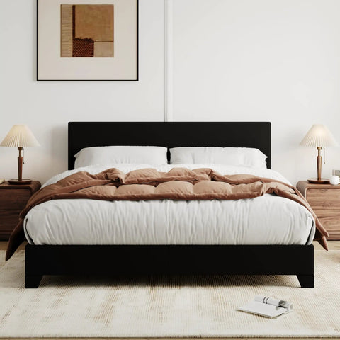 Queen Size Faux Leather Bed Frame With Adjustable Headboard In Sleek Black, Heavy Duty Support And Waterproof Upholstery delivering comfort in a styled bedroom.