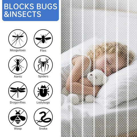 Child sleeping safely behind Magnetic Screen Door For 32x80 Inch Openings, 34x82 Inch Heavy Duty Mesh With Magnets.
