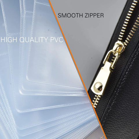 Close-up of womens RFID blocking leather card holder wallet with zipper purse case, showing smooth zipper and high-quality PVC slots.