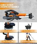 Built Tough Electric Drywall Sander With Full Vacuum Dust Collection, showcasing foldable telescopic design and LED light.