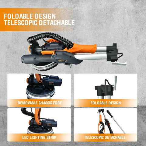 Built Tough Electric Drywall Sander With Full Vacuum Dust Collection, showcasing foldable telescopic design and LED light.