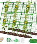Adjustable A-Frame Garden Trellis For Raised Beds With Climbing Net And Plant Clips, 47x57-inch, supporting plants.
