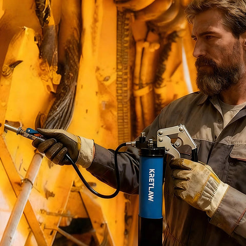 KRETLAW grease gun kit with blue cylindrical body, pistol-grip handle and flexible hose in use.