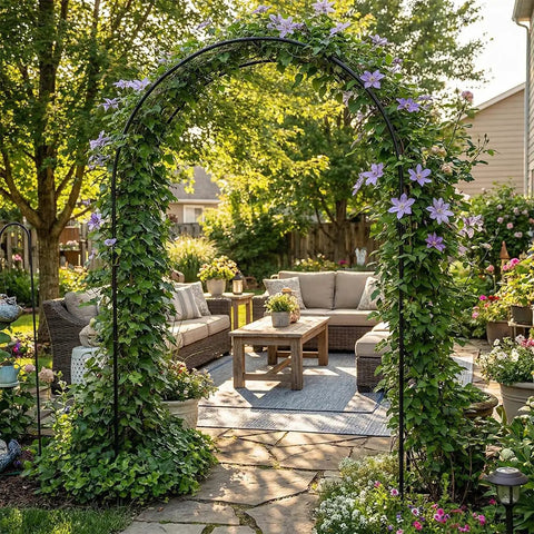 Rust-Resistant Galvanized Metal Garden Arch Trellis, 4.6 Ft Wide By 7.6 Ft Tall, Heavy-Duty Outdoor Arbor adorned with purple flowers.