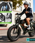 Rider on all terrain electric bike with 750W motor for a smooth cruise at 25 MPH 50 mile range 20 inch fat tires, city street view