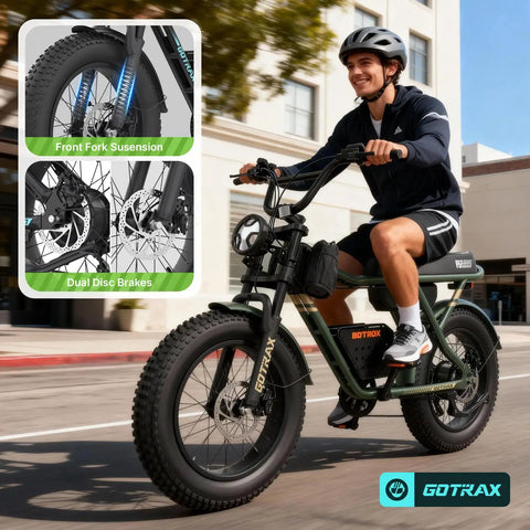 Rider on all terrain electric bike with 750W motor for a smooth cruise at 25 MPH 50 mile range 20 inch fat tires, city street view
