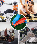 Rhino Rescue First Aid Splint, 36in x 4.3in, orange-gray; center close-up held by gloved hand amid outdoor, sports, vehicle, and disaster scenes