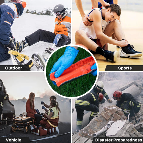 Rhino Rescue First Aid Splint, 36in x 4.3in, orange-gray; center close-up held by gloved hand amid outdoor, sports, vehicle, and disaster scenes